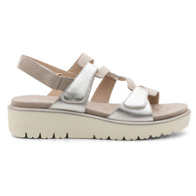 Load image into Gallery viewer, Platinum Light Silver And Sand Light Brown With Beige Sole Ara Women&#39;s Bayview Metallic Leather And Suede Strappy Wedge Sandal Side View
