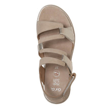 Load image into Gallery viewer, Platinum Light Silver And Sand Light Brown With Beige Sole Ara Women&#39;s Bayview Metallic Leather And Suede Strappy Wedge Sandal Top View
