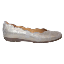 Load image into Gallery viewer, Metallic Gold And Grey With Brown Sole Gabor Women&#39;s 34166 Suede Ballet Flat Scalloped Collar Side View
