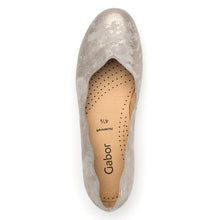 Load image into Gallery viewer, Metallic Gold And Grey With Brown Sole Gabor Women&#39;s 34166 Suede Ballet Flat Scalloped Collar Top View
