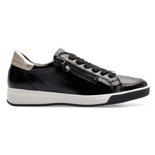 Load image into Gallery viewer, Black With Gold And White Sole Ara Women&#39;s Rei Low Lacquered Leather Casual Sneaker Side View
