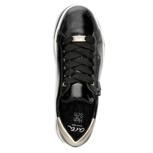 Load image into Gallery viewer, Black With Gold And White Sole Ara Women&#39;s Rei Low Lacquered Leather Casual Sneaker Top View
