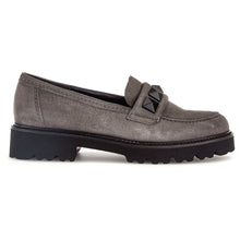 Load image into Gallery viewer, Grey With Black Sole Gabor Women&#39;s 35243 Leather Loafer With Black Studs Side View
