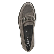 Load image into Gallery viewer, Grey With Black Sole Gabor Women&#39;s 35243 Leather Loafer With Black Studs Top View
