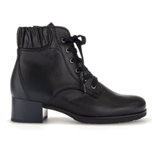 Load image into Gallery viewer, Black Gabor Women&#39;s 35502 Leather Block Heel Lace Up Ankle Boot Side View
