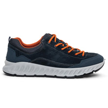 Load image into Gallery viewer, Blue With Orange Laces Grey Sole Ara Men&#39;s Prague Waterproof GoreTex Suede Casual Sneaker Side View

