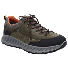Load image into Gallery viewer, Brown And Black With Grey Sole Ara Men&#39;s Pietro Waterproof GoreTex Suede And Fabric Hiking Shoe Profile View

