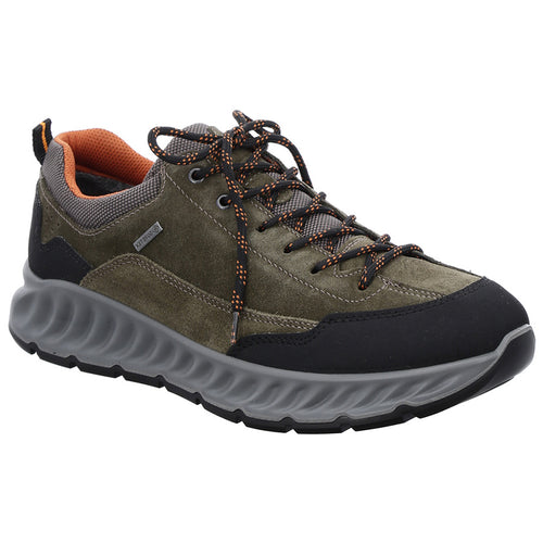 Brown And Black With Grey Sole Ara Men's Pietro Waterproof GoreTex Suede And Fabric Hiking Shoe Profile View