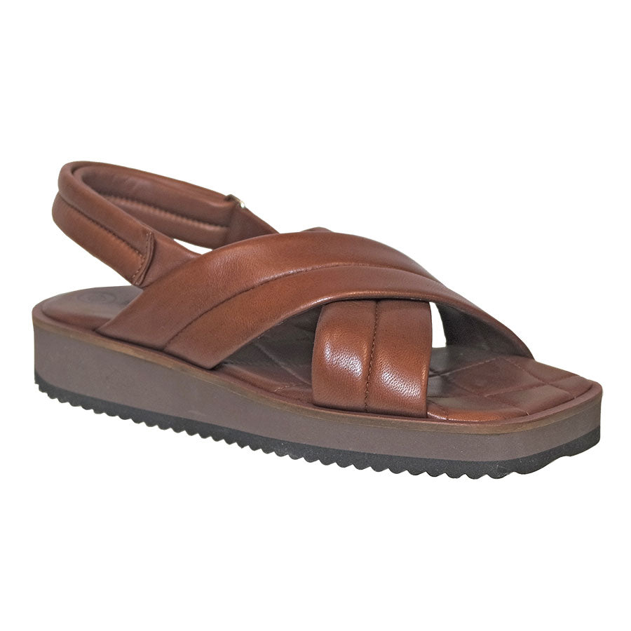 Whiskey Brown With Black Sole Pas De Rouge Women's Cina 3970 Puffy Leather Cross Strap Slingback Sandal 