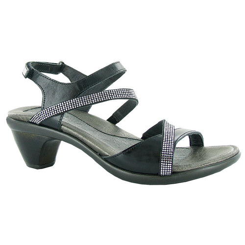 Black Naot Women's Innovate Leather With Rhinesetones Heeled Strappy Sandal