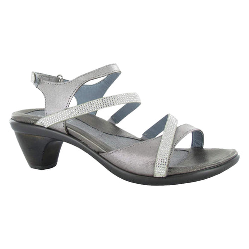 Silver With Black Sole Naot Women's Innovate Metallic Leather With Rhinesetones Heeled Strappy Sandal