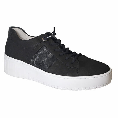 Black With White Sole Gabor Women's 43232 Nubuck With Snake Leather Stripe Casual Sneaker Profile View