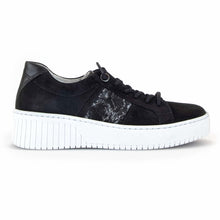 Load image into Gallery viewer, Black With White Sole Gabor Women&#39;s 43232 Nubuck With Snake Leather Stripe Casual Sneaker Side View
