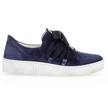 Load image into Gallery viewer, Marine Blue And White Gabor Women&#39;s Suede Casual Sneaker With Large Laces Side View
