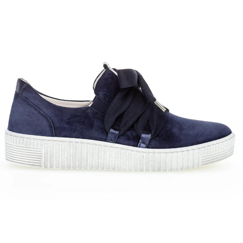 Marine Blue And White Gabor Women's Suede Casual Sneaker With Large Laces Side View