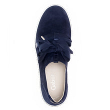 Load image into Gallery viewer, Marine Blue And White Gabor Women&#39;s Suede Casual Sneaker With Large Laces Top View
