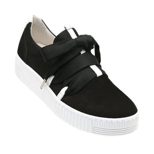 Black And White Gabor Women's Suede Casual Sneaker With Large Laces Profile View