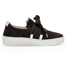 Load image into Gallery viewer, Black And White Gabor Women&#39;s Suede Casual Sneaker With Large Laces Side View
