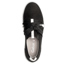 Load image into Gallery viewer, Black And White Gabor Women&#39;s Suede Casual Sneaker With Large Laces Top View
