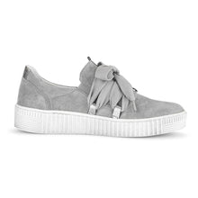 Load image into Gallery viewer, Stone Grey And White Gabor Women&#39;s Suede Casual Sneaker With Large Laces Side View
