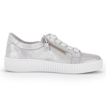Load image into Gallery viewer, Light Grey And White Gabor Women&#39;s 43334 Metallic Leather Casual Sneaker With Side Zipper And Top Lacing Side View

