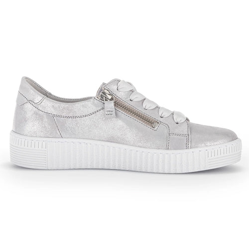 Light Grey And White Gabor Women's 43334 Metallic Leather Casual Sneaker With Side Zipper And Top Lacing Side View