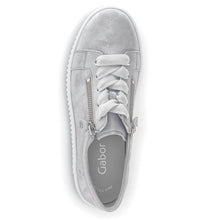 Load image into Gallery viewer, Light Grey And White Gabor Women&#39;s 43334 Metallic Leather Casual Sneaker With Side Zipper And Top Lacing Top View
