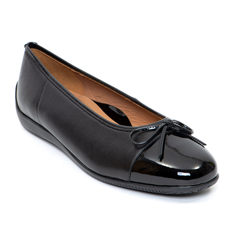 Black Ara Women's Bella Patent And Leather Ballet Flat With Bow Ornamentation Profile View