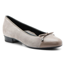 Load image into Gallery viewer, Moon Grey With Black Sole Ara Women&#39;s Belinda Suede Ballet Flat With Bow Ornamentation And Brown Leather Cap Toe Profile View
