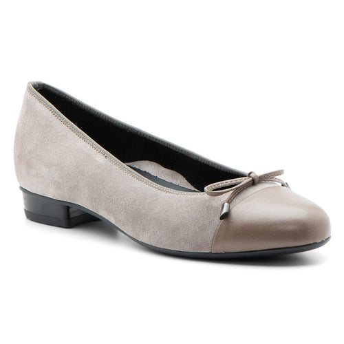Moon Grey With Black Sole Ara Women's Belinda Suede Ballet Flat With Bow Ornamentation And Brown Leather Cap Toe Profile View