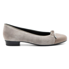 Load image into Gallery viewer, Moon Grey With Black Sole Ara Women&#39;s Belinda Suede Ballet Flat With Bow Ornamentation And Brown Leather Cap Toe Side View
