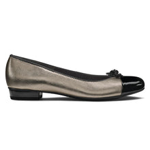 Load image into Gallery viewer, Metallic Silver And Black Ara Women&#39;s Belinda Leather And Patent Ballet Flat With Bow Ornament Side View
