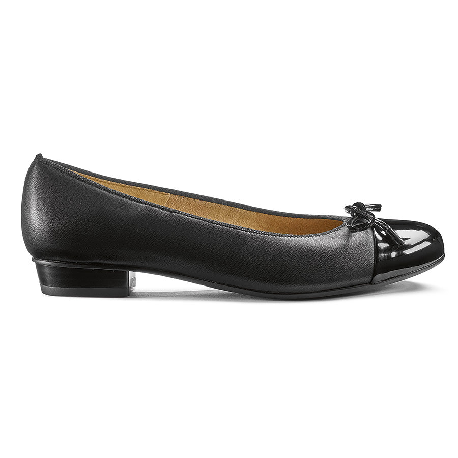Black Ara Women's Belinda Leather And Patent Cap Toe Ballet Flat With Bow Ornament