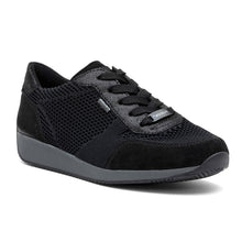 Load image into Gallery viewer, Black With Grey Sole Ara Women&#39;s Lila Waterproof GoreTex Wovenstretch And Suede Walking Shoe Profile View
