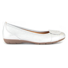 Load image into Gallery viewer, Silver With Brown Sole Gabor Women&#39;s 44163 Leather Metallic Ballet Flat With Black Ornament Side View
