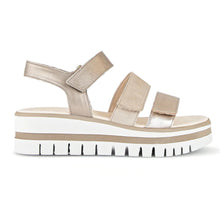 Load image into Gallery viewer, Desert Light Brown And Bronze With White Gabor Women&#39;s 44620 Leather And Patent And Suede Four Strap Sporty Sandal Side View
