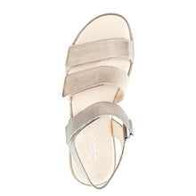Load image into Gallery viewer, Desert Light Brown And Bronze With White Gabor Women&#39;s 44620 Leather And Patent And Suede Four Strap Sporty Sandal Top View

