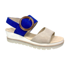 Load image into Gallery viewer, Royal Blue And Khaki Grey With White Gabor Women&#39;s 44645 Nubuck And Suede Triple Strap Slingback Wedge Sandal Profile View
