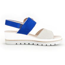 Load image into Gallery viewer, Royal Blue And Khaki Grey With White Gabor Women&#39;s 44645 Nubuck And Suede Triple Strap Slingback Wedge Sandal Side View
