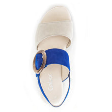 Load image into Gallery viewer, Royal Blue And Khaki Grey With White Gabor Women&#39;s 44645 Nubuck And Suede Triple Strap Slingback Wedge Sandal Top View
