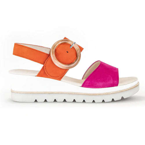 Pink And Pumpkin Orange With White And Light Grey Sole Gabor Women's 44645 Nubuck And Suede Triple Strap Slingback Wedge Sandal Side View