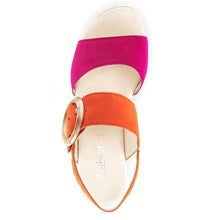 Load image into Gallery viewer, Pink And Pumpkin Orange With White And Light Grey Sole Gabor Women&#39;s 44645 Nubuck And Suede Triple Strap Slingback Wedge Sandal Top View
