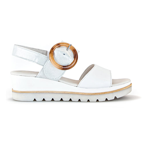 Weiss White And Silver With Light Grey Sole Gabor Women's 44645 Leather And Metallic Leather Triple Strap Slingback Wedge Sandal
