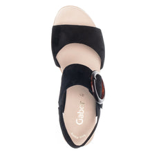 Load image into Gallery viewer, Black With Light Grey Sole Gabor Women&#39;s 44645 Suede Triple Strap Slingback Wedge Sandal Top View
