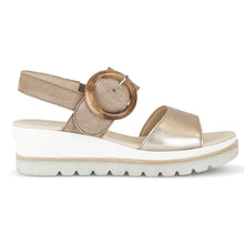 Load image into Gallery viewer, Puder Light Gold And Rabbit Light Brown With White And Light Grey Sole Gabor Women&#39;s 44645 Metallic Leather And Suede Triple Strap Slingback Wedge Sandal Side View

