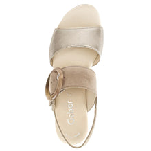 Load image into Gallery viewer, Puder Light Gold And Rabbit Light Brown With White And Light Grey Sole Gabor Women&#39;s 44645 Metallic Leather And Suede Triple Strap Slingback Wedge Sandal Top View
