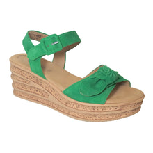 Load image into Gallery viewer, Verde Green With Dark Beige Sole Gabor Women&#39;s 44653 Suede Triple Strap Wedge Sandal Profile View
