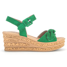 Load image into Gallery viewer, Verde Green With Dark Beige Sole Gabor Women&#39;s 44653 Suede Triple Strap Wedge Sandal Side View
