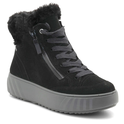 Black With Furry Black Lining And Grey Sole Ara Women's Mikayla Waterproof GoreTex Suede Zipper Bootie Profile View