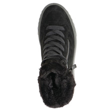 Load image into Gallery viewer, Black With Furry Black Lining And Grey Sole Ara Women&#39;s Mikayla Waterproof GoreTex Suede Zipper Bootie Top View
